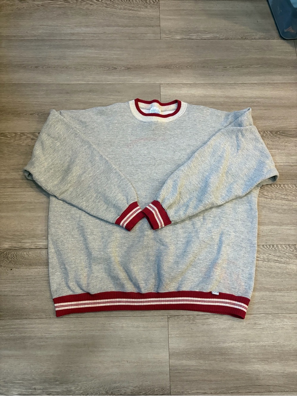 Men's Grey Crewneck Sweater with Red Stripe Accents